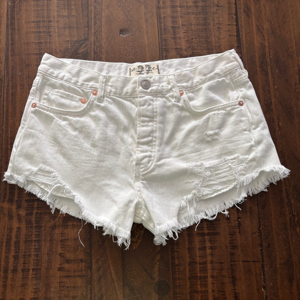 FP We The Free Denim Jean Shorts White Distressed Button Fly Size 27